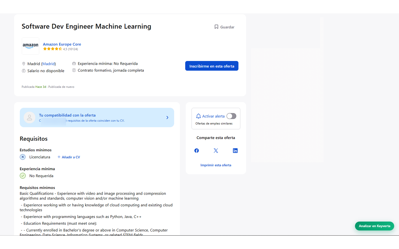 Floating “Analyze in Keyverta” button in the bottom-right corner of a job posting